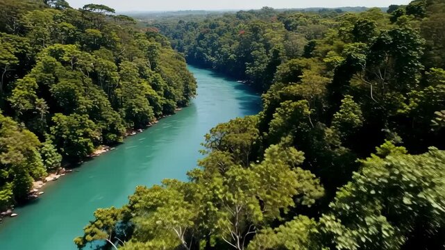 Aerial view of a turquoise river flowing through a lush tropical rainforest canopy with bright daylight and beautiful textures