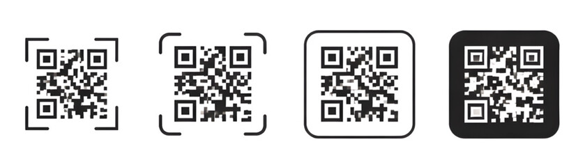 QR Code Icon Set Collection Featuring Four Scan Code Variations Including Rounded Corners, Frame Markers, Classic Square and Inverted Style Isolated on Light Background for Digital Payment and App Sca
