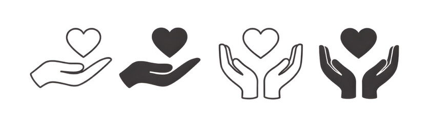 Obraz premium Hand Holding Heart Icons Set – Care Support Charity and Love Symbol Collection