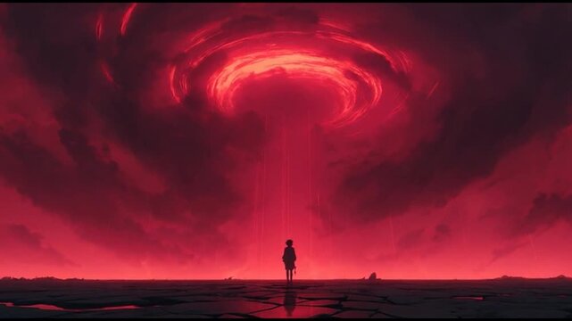 A lone figure stands in an anime style landscape under a dramatic red sky