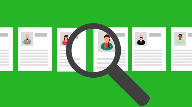 Candidate resume questionnaires under a magnifying glass on a chromakey background, in a flat style. Concept of searching for specialists. 4K
