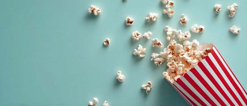 Red and white striped container with popcorn spilling onto a light teal surface; scattered popped kernels create a casual, fun impression. Perfect for themes related to cinema snacks