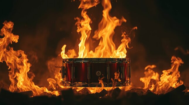 A vibrant red percussion drum stands engulfed by vivid, orange-yellow flames, creating a dramatic and powerful visual spectacle against a dark, smoky backdrop. The intense fire highlights the metallic