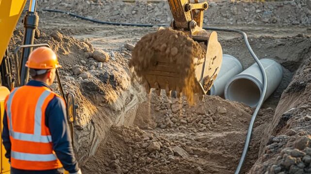 Construction Worker Operating Excavator for Earthmoving and Pipeline Installation at Excavation Site during Infrastructure Development