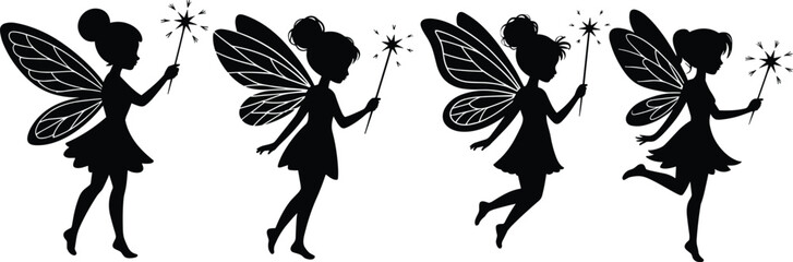 Beautiful fairy silhouettes set with magic wand and butterfly wings, whimsical flying elf girl characters for fairytale and fantasy design, © Atik