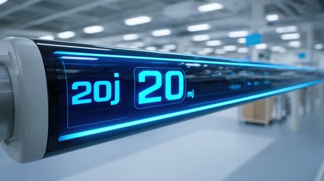 Digital Fluence Meter Shows Value of 20 Jcm in Laboratory Environment on a Futuristic Display Within a Scientific Setting