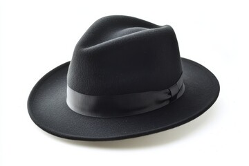 Black felt hat on a white background with a ribbon around the base