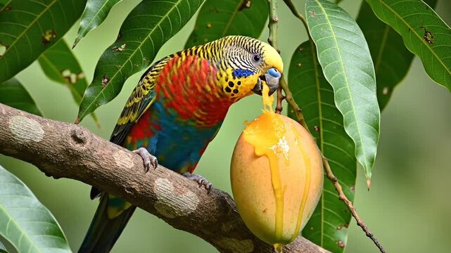 A colorful parrot perched on a tree branch, pecking at a ripe mango surrounded by green leaves. Perfect for wildlife illustrations, birdwatching guides, and nature documentaries.
