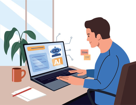 Man Using AI Chatbot on Laptop, Artificial Intelligence Assistant for Writing and Work. Flat style cartoon vector illustration.