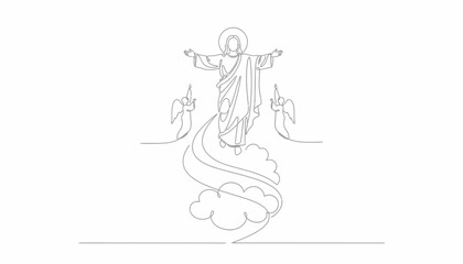 Ascension of Jesus Christ, One Line Art, Heavenly Scene with Angels and Clouds