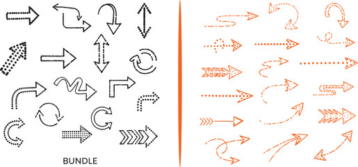 Obraz premium A diverse bundle of black outline and orange hand-drawn arrows. Features straight, curved, dashed, and circular directional symbols for navigation, diagrams, and creative design layouts.