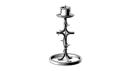 Naklejka premium Vintage Candlestick with Burning Candle, Antique Decorative Object, Black and White Illustration