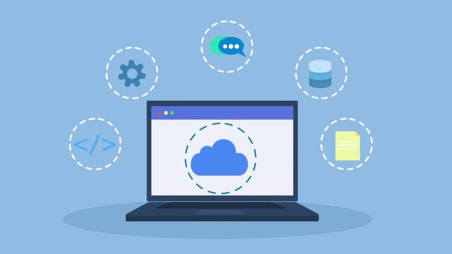 Flat vector animation of laptop with cloud software symbol connected to service icons, representing application integration, coding workflow, and digital cloud technology.
