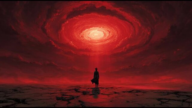 A person in anime style stands alone on cracked ground facing a swirling red vortex.