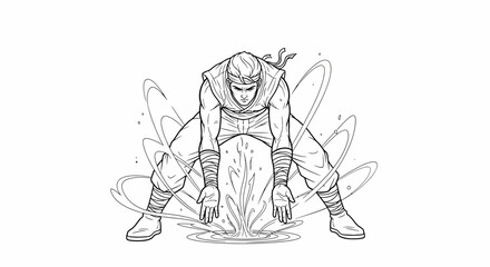 Obraz premium Ninja Warrior Performing Elemental Water Magic, Dynamic Action Pose, Black and White Line Art