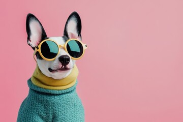Dog in sunglasses and funny costume against a pink background in a minimal setting