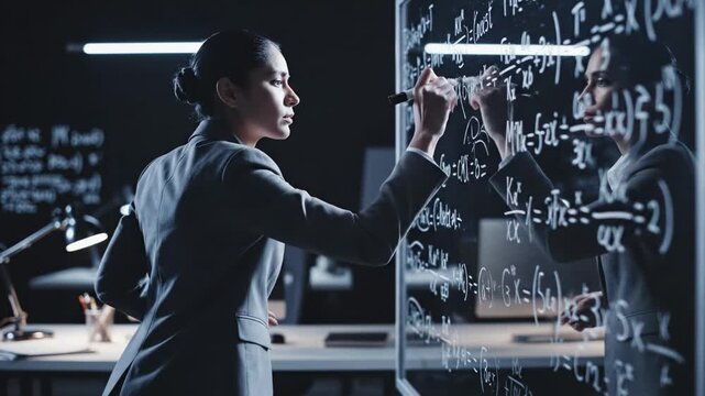 A professional woman writes complex formulas on a glass board. She works in a dark office at night looking focused. Useful for science, education, or business problem solving themes.
