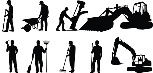 Professional construction workers and heavy machinery silhouettes set, industrial building site development with excavator bulldozer and manual laborers icons for civil engineering design, © Atik