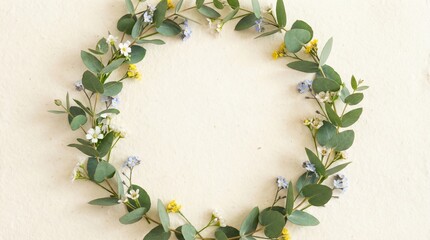 Floral wreath composed of greenery and small flowers on light background for Women&rsquo;s Day  