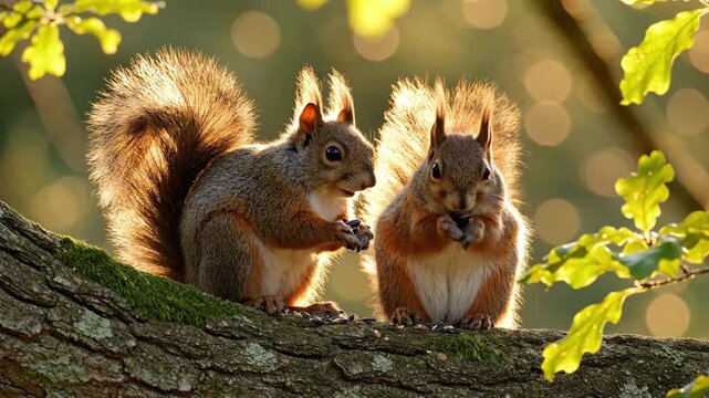 Two red squirrels sitting on a tree branch, one eating a nut with a bushy tail, surrounded by green leaves and blurred sunlight. Perfect for wildlife illustrations, educational materials,