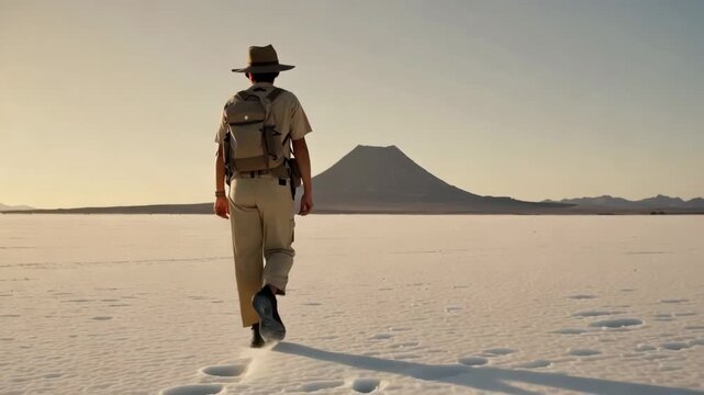 Hiker exploring a vast salt flat with a volcano backdrop in desert landscape under a warm sunset
