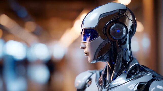 Futuristic humanoid robot with sleek metallic design and vibrant blue accents, showcasing advanced technology and innovation in a modern environment.