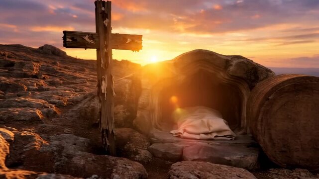 An empty tomb at sunrise with a shroud and cross symbolizes the Resurrection of Jesus Christ and the hope of Easter.The warm dawn light conveys renewal, faith, and spiritual triumph.

