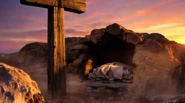 An empty tomb at sunrise with a shroud and cross symbolizes the Resurrection of Jesus Christ and the hope of Easter.The warm dawn light conveys renewal, faith, and spiritual triumph.
