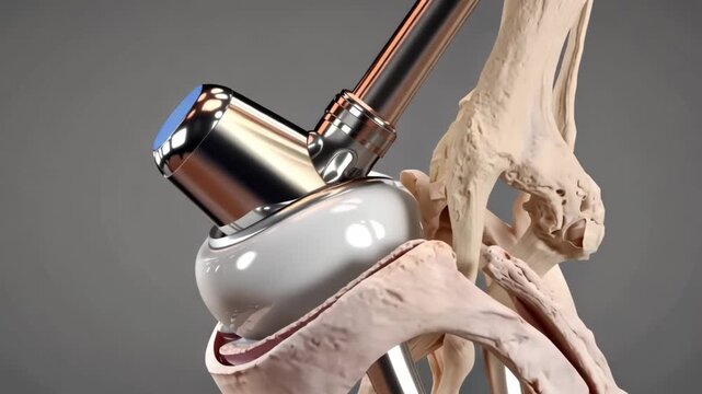 A close up anatomical model illustrates a hip replacement implant with clear medical detail and realistic structure.The visualization supports education about orthopedics, surgery, and joint mechanics