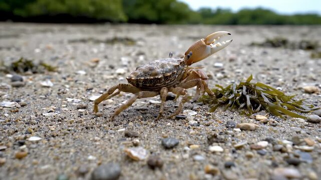 Fiddler Crab with Raised Claw on Sandy Beach Shore