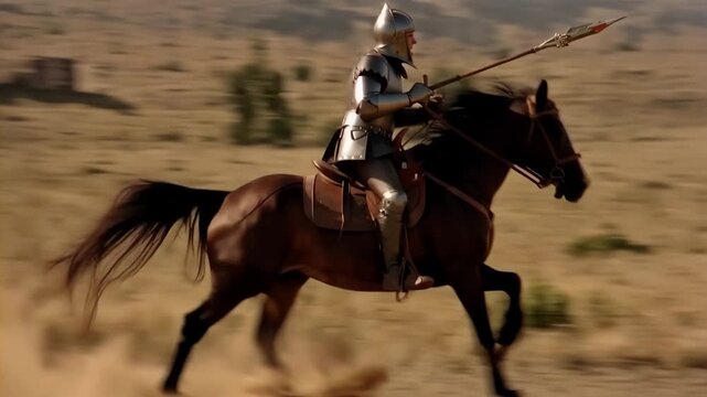 A knight in shining armor gallops on horseback through a dusty landscape with cinematic intensity.The speed and swirling dirt evoke an epic medieval adventure.
