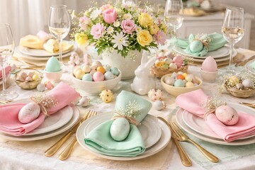 Elegant Easter table setting with pastel eggs, fresh flowers, gold cutlery, and spring holiday decoration