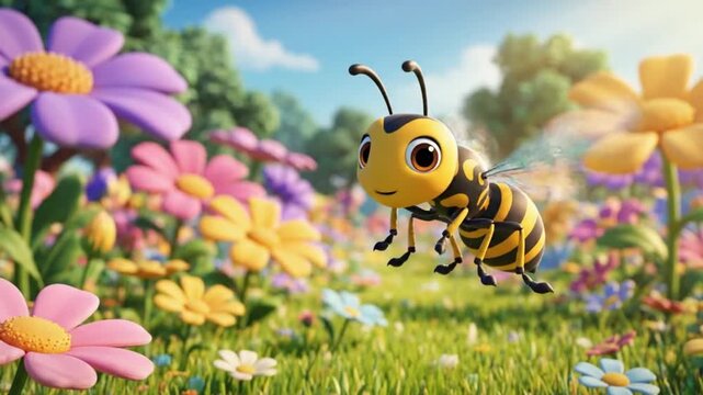 A cheerful 3d animated wasp flies through a vibrant, sunny meadow of colorful spring flowers.