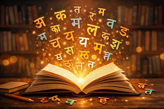 Glowing book with floating Hindi letters in magical library atmosphere celebrating language and knowledge