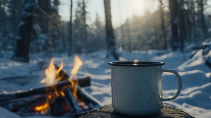 Steaming enamel mug offering comforting warmth during a snowy winter morning experience by outdoor campfire