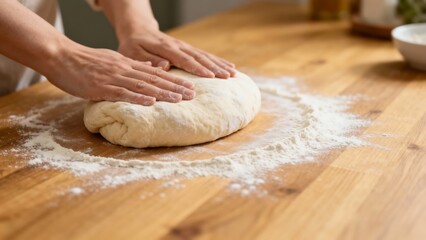 Hands kneading dough on wooden table