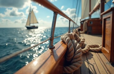 Obraz premium Coiled rope rests on a wooden deck of a sailing ship. Another sailboat travels on blue ocean water under a cloudy sky. Bright sun glints on waves.