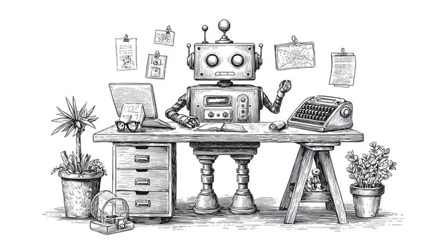 Vintage robot at desk with laptop, typewriter, books and plants in creative office engraving sketch scene