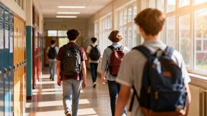 Obraz premium Students walking in school hallway