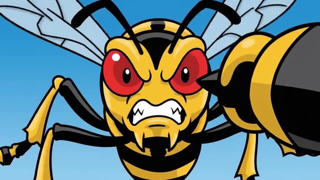 This aggressive cartoon wasp illustration, featuring intense red eyes and fangs, attacks in a close-up against a blue background.
