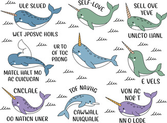 Colorful Narwhals with Random Text in Different Colors and Styles blue © jahid0886