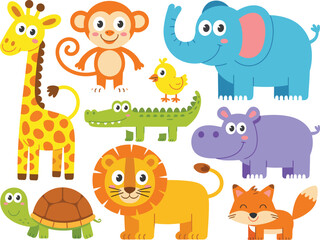 Naklejka premium Colorful cartoon animals including giraffe monkey elephant crocodile chick turtle lion hippo fox