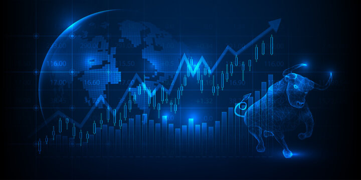 Vector illustrations of global economics with bull market and increase graph uptrend artwork and background financial and investment.
