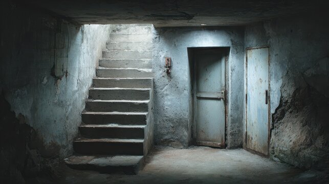 Abandoned concrete basement with stairs leading up and old metal doors in dim light
