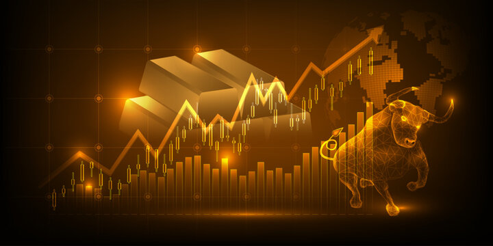 Vector illustrations of global economics with gold bull market and increase graph uptrend artwork and background financial and investment.