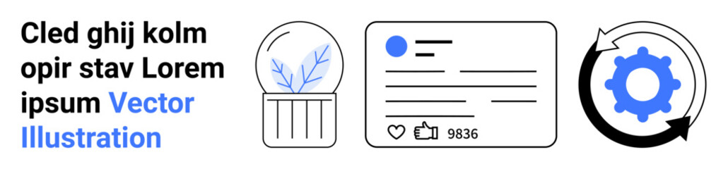 Fototapeta premium Technology, networking, automation, engagement, social media, process management. Digital elements showing a plant in a dome, social interaction card and gear in a cycle. Technology and networking