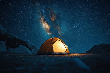 Camping under a starry night sky with a tent and the Milky Way view in 8K resolution