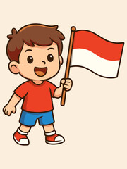 Cute Cartoon Boy Holding Indonesian Flag Illustration