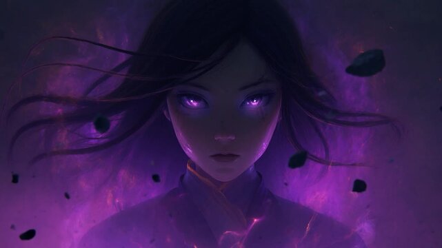 Anime style girl with glowing purple eyes surrounded by mystical aura and dark clouds