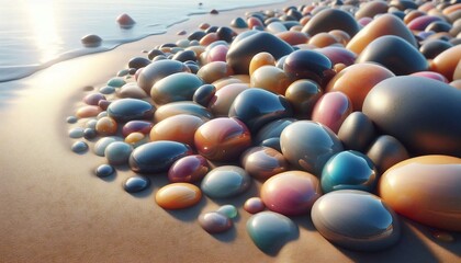 Smooth Colorful Pebbles Gleaming on a Wet Sandy Beach Shoreline.